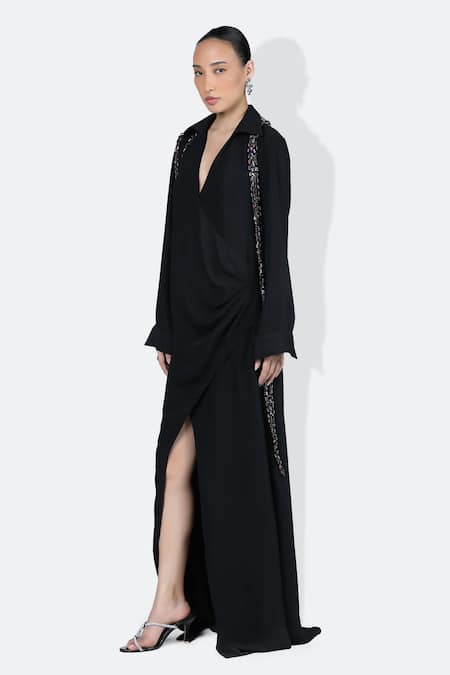 Buy_431-88 By Shweta Kapur_Black Crepe Collared Scarlet Wrap Dress _Online_at_Aza_Fashions