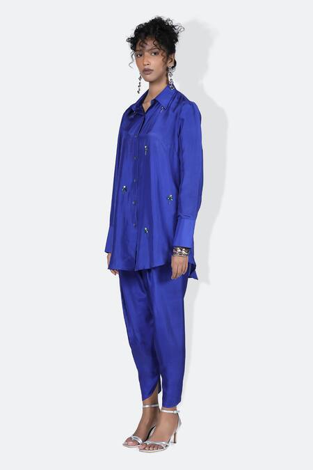 Buy_431-88 By Shweta Kapur_Blue Silk Sally Solid Pant_Online_at_Aza_Fashions