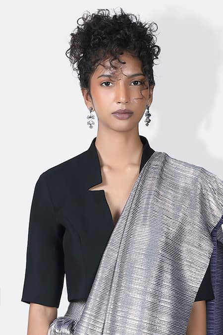 431-88 By Shweta Kapur Black Japanese Crepe Solid Structured Plunging V Neck Bo Blouse 