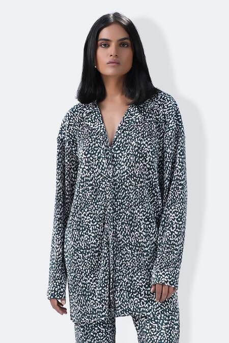 431-88 By Shweta Kapur_Green Polyester Collared Plisse Smear Print Pleated Shirt With Pant_Online_at_Aza_Fashions