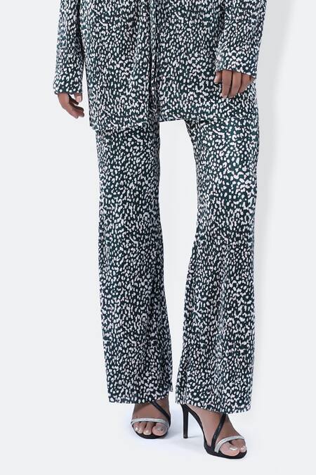 Buy_431-88 By Shweta Kapur_Green Polyester Collared Plisse Smear Print Pleated Shirt With Pant_Online_at_Aza_Fashions