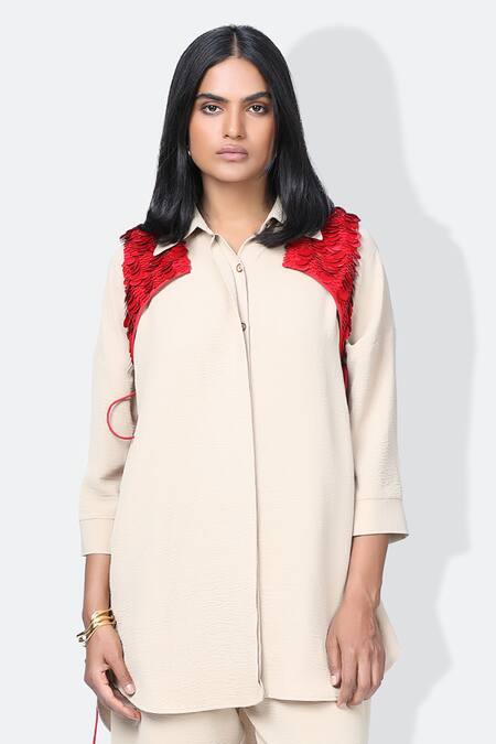 431-88 By Shweta Kapur_Beige Crepe Sequins Collared Moka Shirt Draped Pant Set_Online_at_Aza_Fashions