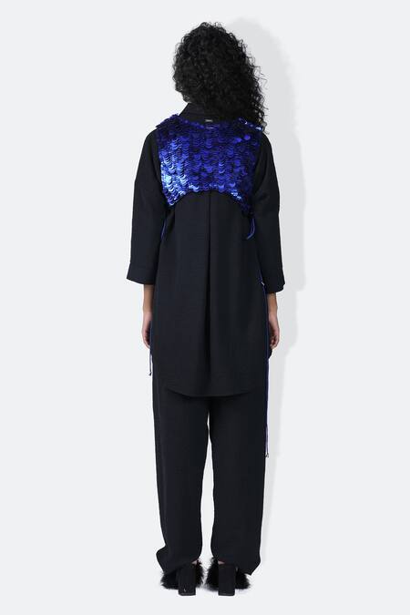Shop 431-88 By Shweta Kapur Black Crepe Sequins Collared Moka Textured Shirt Draped Pant Set at Aza Fashions Shop_431-88 By Shweta Kapur_Black Crepe Sequins Collared Moka Textured Shirt Draped Pant Set_at_Aza_Fashions