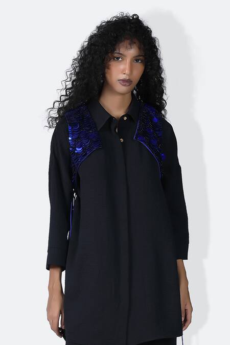 431-88 By Shweta Kapur Black Crepe Sequins Collared Moka Textured Shirt Draped Pant Set Online at Aza Fashions 431-88 By Shweta Kapur_Black Crepe Sequins Collared Moka Textured Shirt Draped Pant Set_Online_at_Aza_Fashions