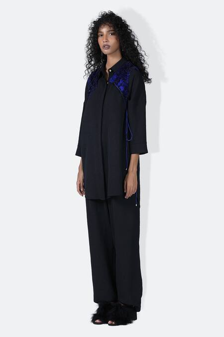 Shop 431-88 By Shweta Kapur Black Crepe Sequins Collared Moka Textured Shirt Draped Pant Set Online at Aza Fashions Shop_431-88 By Shweta Kapur_Black Crepe Sequins Collared Moka Textured Shirt Draped Pant Set_Online_at_Aza_Fashions