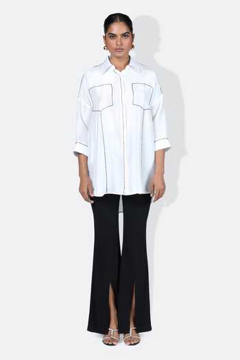 431-88 By Shweta Kapur_White Silk Beads, Cut Work Collared Lola Cutdana Shirt_Online_at_Aza_Fashions