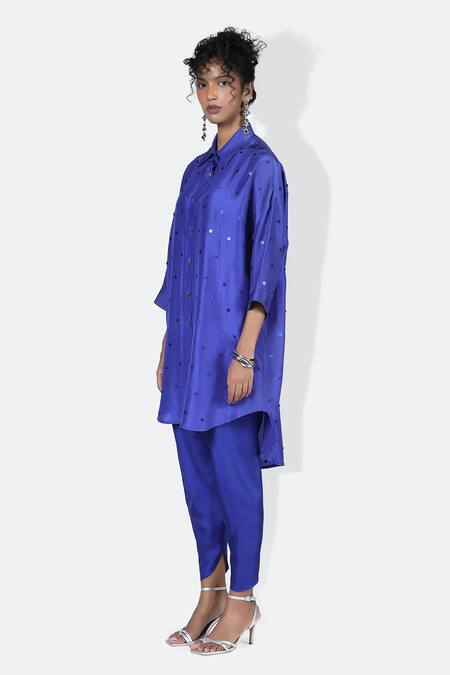 Buy_431-88 By Shweta Kapur_Blue Silk Sequins Collared Lady Bug Embroidered Shirt_Online_at_Aza_Fashions