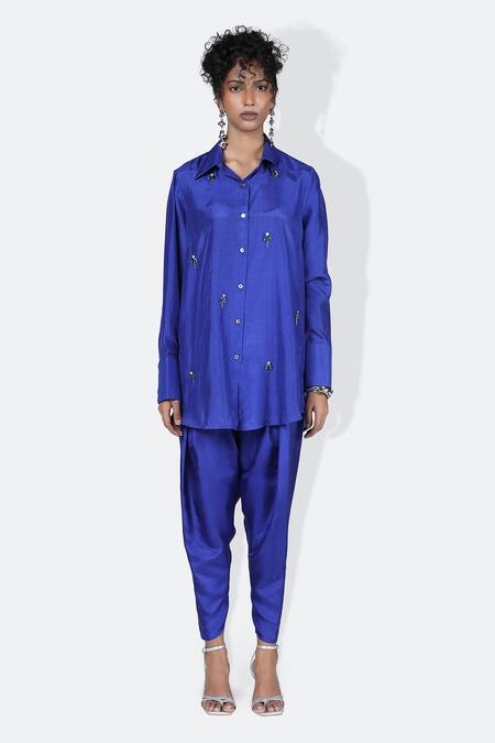 431-88 By Shweta Kapur_Blue Silk Rhinestones Collared Samar Fleur Embellished Shirt_Online_at_Aza_Fashions