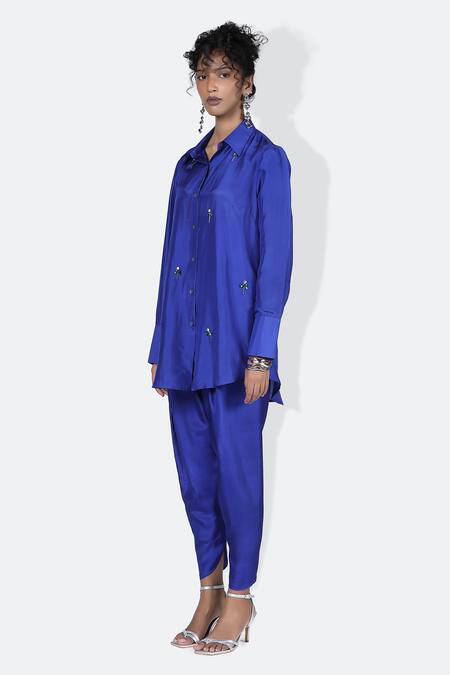 Buy_431-88 By Shweta Kapur_Blue Silk Rhinestones Collared Samar Fleur Embellished Shirt_Online_at_Aza_Fashions