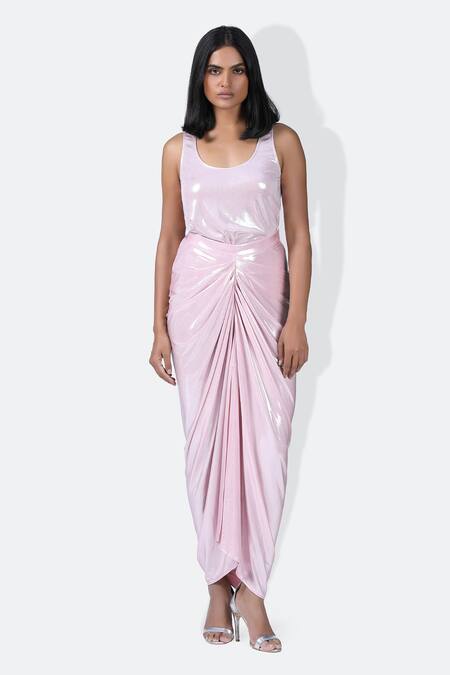 Buy_431-88 By Shweta Kapur_Pink Linen Scoop Neck Liquid Jersey Metallic Ganji Top_Online_at_Aza_Fashions