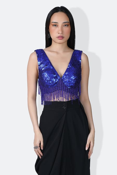 431-88 By Shweta Kapur Blue Cotton Twill Embroidery Sequins V Neck Puzzle Quad Encrusted Blouse