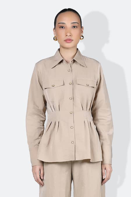 431-88 By Shweta Kapur_Beige Taffeta Collared Safari Flap Pocket Shirt With Pant_Online_at_Aza_Fashions