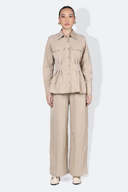Shop_431-88 By Shweta Kapur_Beige Taffeta Collared Safari Flap Pocket Shirt With Pant_Online_at_Aza_Fashions