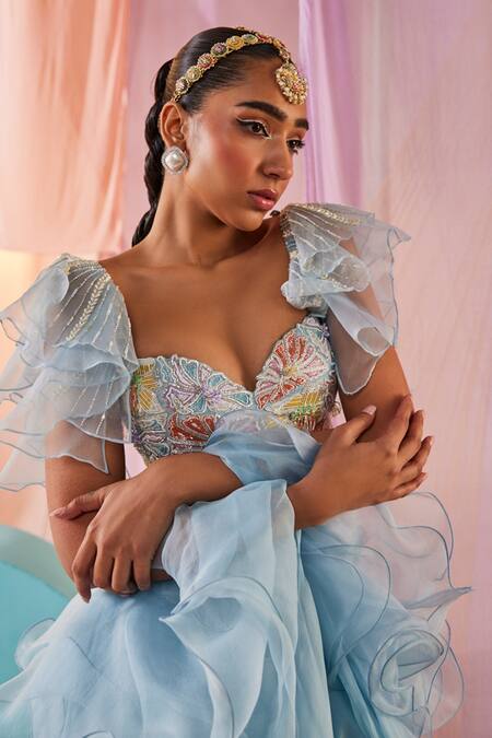 Buy Anu Pellakuru Blue Silk, Organza Beads, Pearls Sweetheart Bloom Breeze Embroidered Lehenga Set Online at Aza Fashions Buy_Anu Pellakuru_Blue Silk, Organza Beads, Pearls Sweetheart Bloom Breeze Embroidered Lehenga Set _Online_at_Aza_Fashions