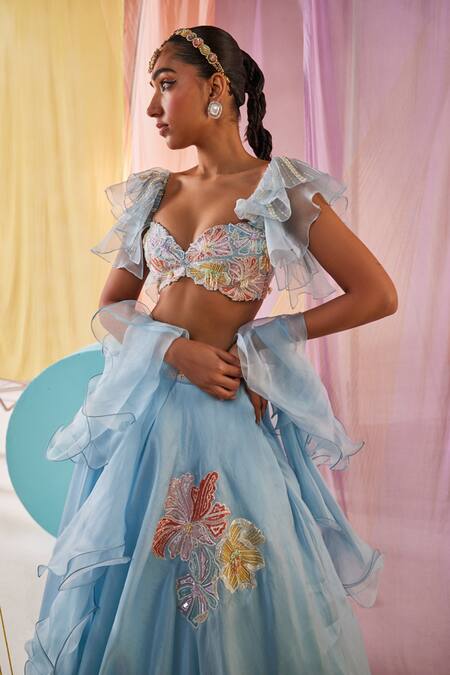 Shop Anu Pellakuru Blue Silk, Organza Beads, Pearls Sweetheart Bloom Breeze Embroidered Lehenga Set Online at Aza Fashions Shop_Anu Pellakuru_Blue Silk, Organza Beads, Pearls Sweetheart Bloom Breeze Embroidered Lehenga Set _Online_at_Aza_Fashions