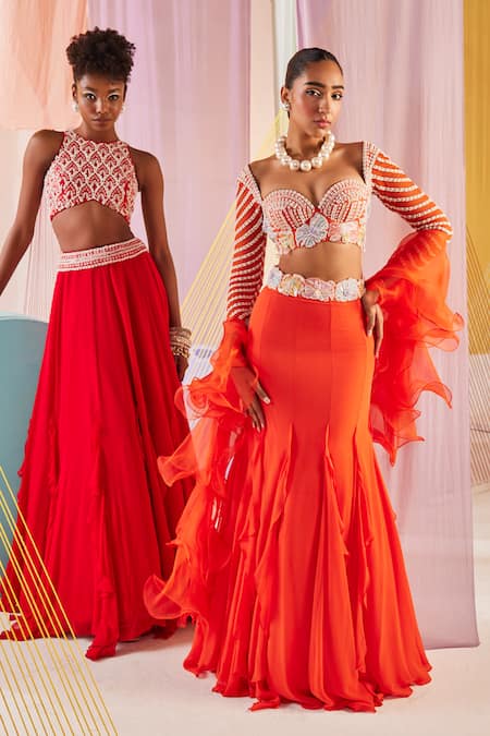 Buy Anu Pellakuru Orange Silk, Georgette, Organza Beads, Rafflesia Bloom Embroidered Lehenga Set Online at Aza Fashions Buy_Anu Pellakuru_Orange Silk, Georgette, Organza Beads, Rafflesia Bloom Embroidered Lehenga Set _Online_at_Aza_Fashions