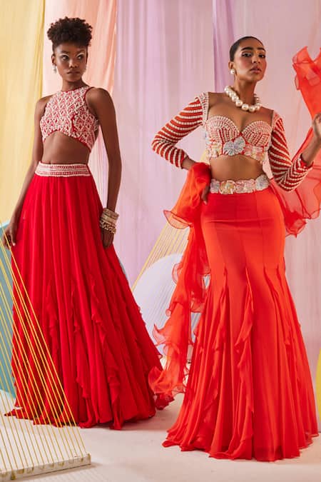 Shop Anu Pellakuru Orange Silk, Georgette, Organza Beads, Rafflesia Bloom Embroidered Lehenga Set Online at Aza Fashions Shop_Anu Pellakuru_Orange Silk, Georgette, Organza Beads, Rafflesia Bloom Embroidered Lehenga Set _Online_at_Aza_Fashions