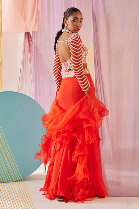 Anu Pellakuru Orange Silk, Georgette, Organza Beads, Rafflesia Bloom Embroidered Lehenga Set at Aza Fashions Anu Pellakuru_Orange Silk, Georgette, Organza Beads, Rafflesia Bloom Embroidered Lehenga Set _at_Aza_Fashions