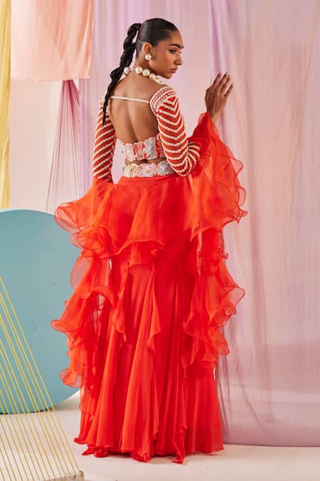 Buy Anu Pellakuru Orange Silk, Georgette, Organza Beads, Rafflesia Bloom Embroidered Lehenga Set Buy_Anu Pellakuru_Orange Silk, Georgette, Organza Beads, Rafflesia Bloom Embroidered Lehenga Set