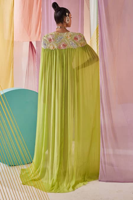 Anu Pellakuru Green Crepe, Silk Beads, Pearls Cleopatra Glow Embroidered Cape Draped Skirt Set Online at Aza Fashions Anu Pellakuru_Green Crepe, Silk Beads, Pearls Cleopatra Glow Embroidered Cape Draped Skirt Set _Online_at_Aza_Fashions