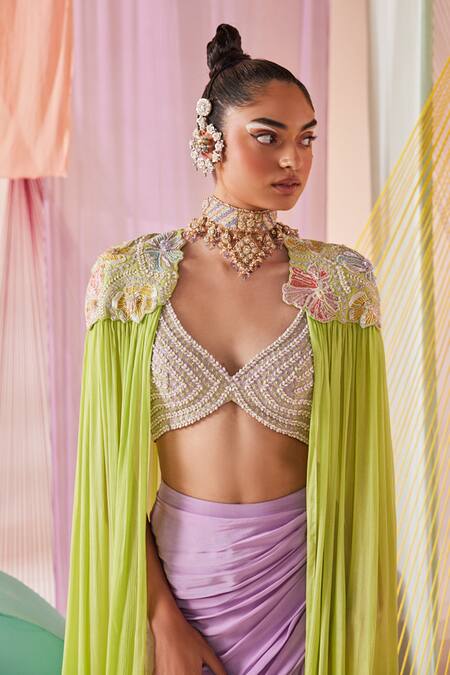 Buy Anu Pellakuru Green Crepe, Silk Beads, Pearls Cleopatra Glow Embroidered Cape Draped Skirt Set Online at Aza Fashions Buy_Anu Pellakuru_Green Crepe, Silk Beads, Pearls Cleopatra Glow Embroidered Cape Draped Skirt Set _Online_at_Aza_Fashions
