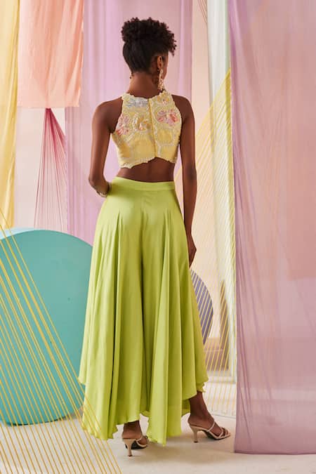 Shop Anu Pellakuru Green Silk, Modal Beads, Pearls Florence Embroidered Crop Top With Palazzo Pant at Aza Fashions Shop_Anu Pellakuru_Green Silk, Modal Beads, Pearls Florence Embroidered Crop Top With Palazzo Pant _at_Aza_Fashions