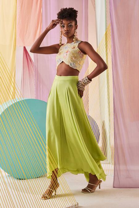 Anu Pellakuru Green Silk, Modal Beads, Pearls Florence Embroidered Crop Top With Palazzo Pant Online at Aza Fashions Anu Pellakuru_Green Silk, Modal Beads, Pearls Florence Embroidered Crop Top With Palazzo Pant _Online_at_Aza_Fashions