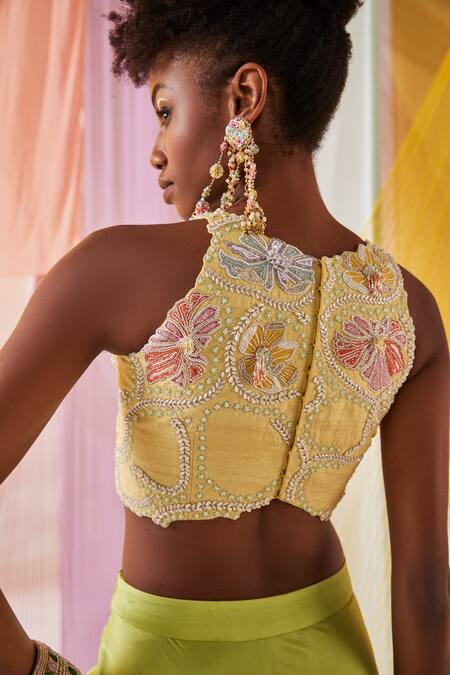 Shop Anu Pellakuru Green Silk, Modal Beads, Pearls Florence Embroidered Crop Top With Palazzo Pant Online at Aza Fashions Shop_Anu Pellakuru_Green Silk, Modal Beads, Pearls Florence Embroidered Crop Top With Palazzo Pant _Online_at_Aza_Fashions