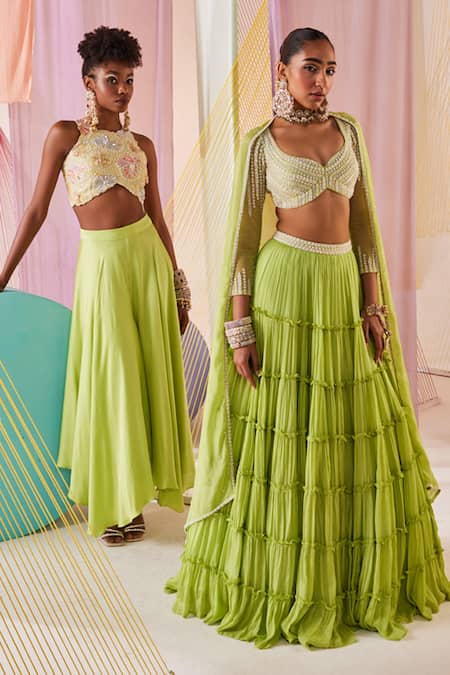Anu Pellakuru Green Silk, Modal Beads, Pearls Florence Embroidered Crop Top With Palazzo Pant at Aza Fashions Anu Pellakuru_Green Silk, Modal Beads, Pearls Florence Embroidered Crop Top With Palazzo Pant _at_Aza_Fashions
