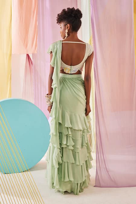 Anu Pellakuru_Green Silk, Satin, Chiffon Pre-draped Ruffle Saree With Floral Blouse _Online_at_Aza_Fashions