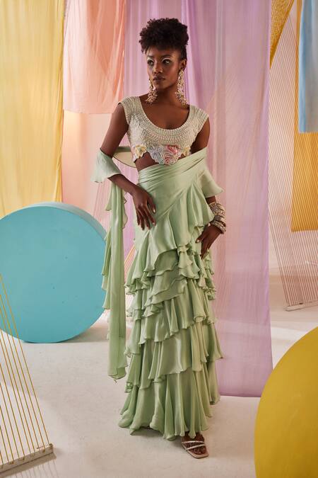 Buy_Anu Pellakuru_Green Silk, Satin, Chiffon Pre-draped Ruffle Saree With Floral Blouse _Online_at_Aza_Fashions