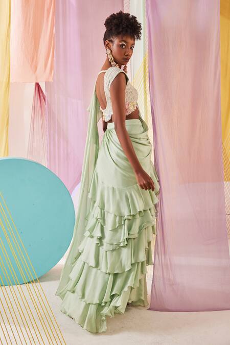 Shop_Anu Pellakuru_Green Silk, Satin, Chiffon Pre-draped Ruffle Saree With Floral Blouse _Online_at_Aza_Fashions