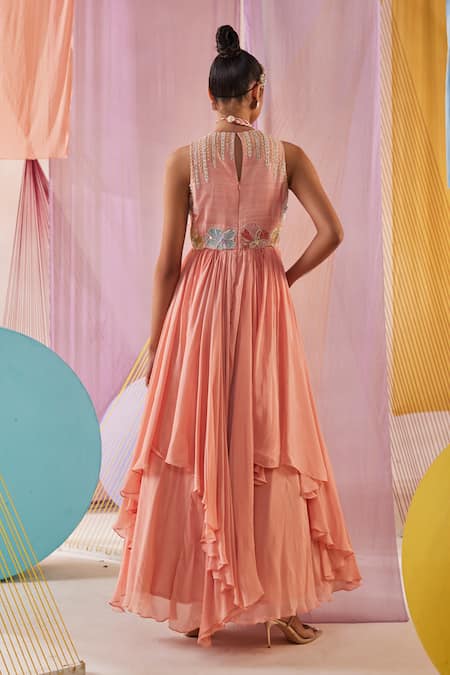 Shop_Anu Pellakuru_Peach Chiffon, Silk Beads, Pearls V-neck Ambrosia Embroidered Asymmetric Gown _at_Aza_Fashions