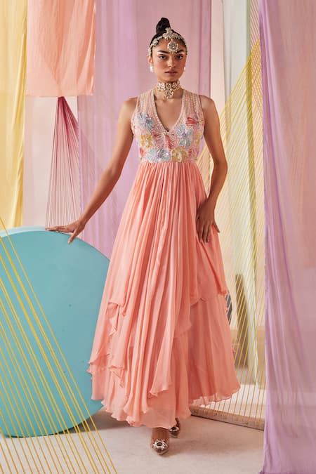 Anu Pellakuru_Peach Chiffon, Silk Beads, Pearls V-neck Ambrosia Embroidered Asymmetric Gown _Online_at_Aza_Fashions