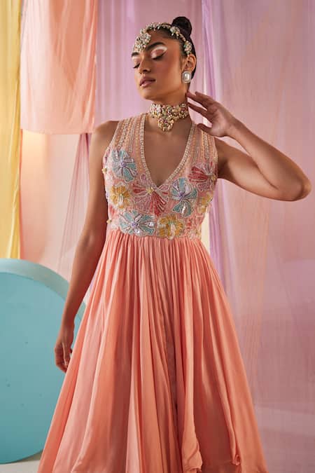 Buy_Anu Pellakuru_Peach Chiffon, Silk Beads, Pearls V-neck Ambrosia Embroidered Asymmetric Gown _Online_at_Aza_Fashions