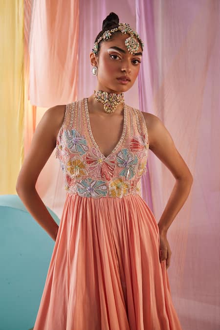 Shop_Anu Pellakuru_Peach Chiffon, Silk Beads, Pearls V-neck Ambrosia Embroidered Asymmetric Gown _Online_at_Aza_Fashions