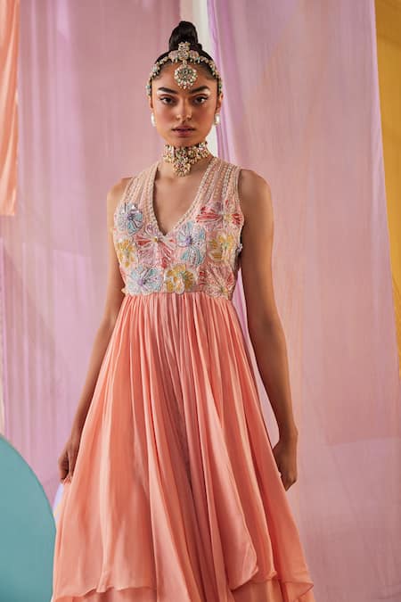 Anu Pellakuru_Peach Chiffon, Silk Beads, Pearls V-neck Ambrosia Embroidered Asymmetric Gown _at_Aza_Fashions