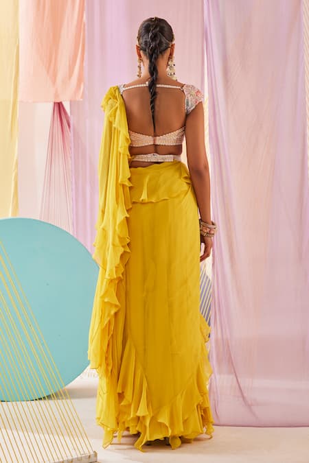 Anu Pellakuru_Yellow Georgette, Silk Beads, Pearls Plain Pre-draped Ruffle Saree Set _Online_at_Aza_Fashions