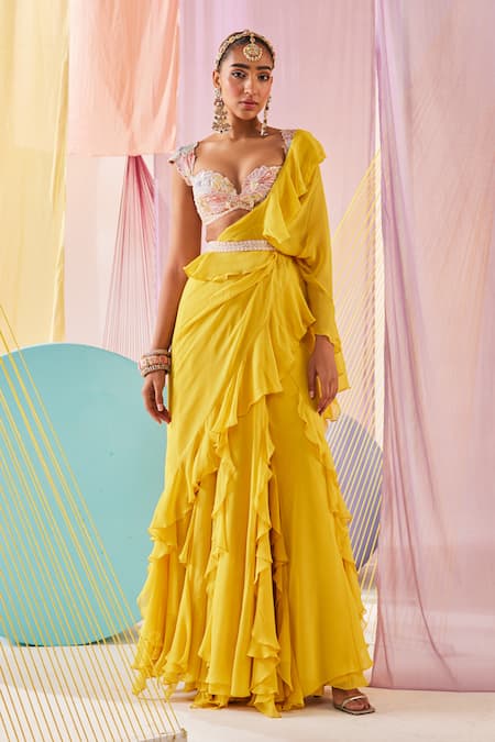 Buy_Anu Pellakuru_Yellow Georgette, Silk Beads, Pearls Plain Pre-draped Ruffle Saree Set _Online_at_Aza_Fashions