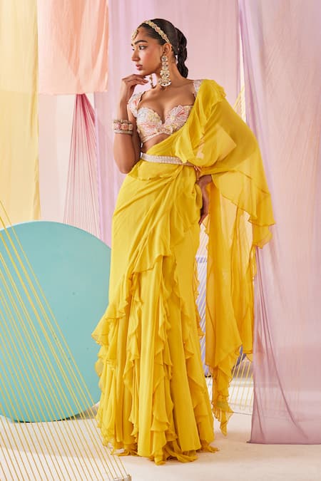Shop_Anu Pellakuru_Yellow Georgette, Silk Beads, Pearls Plain Pre-draped Ruffle Saree Set _Online_at_Aza_Fashions