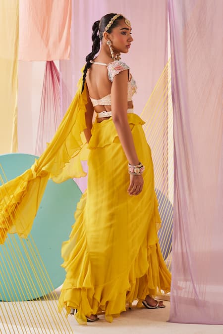 Anu Pellakuru_Yellow Georgette, Silk Beads, Pearls Plain Pre-draped Ruffle Saree Set _at_Aza_Fashions