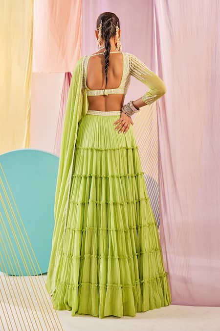 Anu Pellakuru Green Georgette, Chiffon, Silk Beads, Pearls Vine Bloom Embroidered Lehenga Set Online at Aza Fashions Anu Pellakuru_Green Georgette, Chiffon, Silk Beads, Pearls Vine Bloom Embroidered Lehenga Set _Online_at_Aza_Fashions