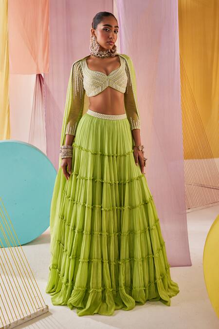 Buy Anu Pellakuru Green Georgette, Chiffon, Silk Beads, Pearls Vine Bloom Embroidered Lehenga Set Online at Aza Fashions Buy_Anu Pellakuru_Green Georgette, Chiffon, Silk Beads, Pearls Vine Bloom Embroidered Lehenga Set _Online_at_Aza_Fashions
