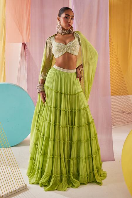 Shop Anu Pellakuru Green Georgette, Chiffon, Silk Beads, Pearls Vine Bloom Embroidered Lehenga Set Online at Aza Fashions Shop_Anu Pellakuru_Green Georgette, Chiffon, Silk Beads, Pearls Vine Bloom Embroidered Lehenga Set _Online_at_Aza_Fashions