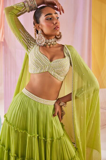 Buy Anu Pellakuru Green Georgette, Chiffon, Silk Beads, Pearls Vine Bloom Embroidered Lehenga Set Buy_Anu Pellakuru_Green Georgette, Chiffon, Silk Beads, Pearls Vine Bloom Embroidered Lehenga Set