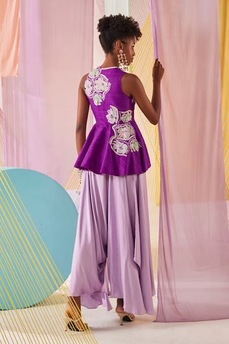 Shop Anu Pellakuru Purple Modal, Silk, Satin Phool Bloom Embroidered Peplum Tunic With Draped Pant at Aza Fashions Shop_Anu Pellakuru_Purple Modal, Silk, Satin Phool Bloom Embroidered Peplum Tunic With Draped Pant _at_Aza_Fashions