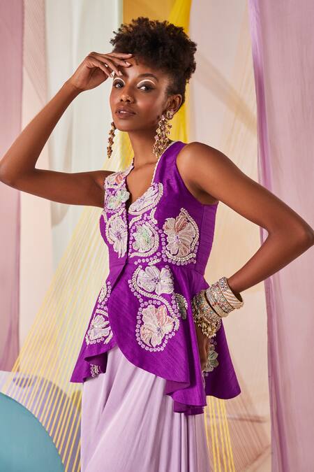 Anu Pellakuru Purple Modal, Silk, Satin Phool Bloom Embroidered Peplum Tunic With Draped Pant at Aza Fashions Anu Pellakuru_Purple Modal, Silk, Satin Phool Bloom Embroidered Peplum Tunic With Draped Pant _at_Aza_Fashions