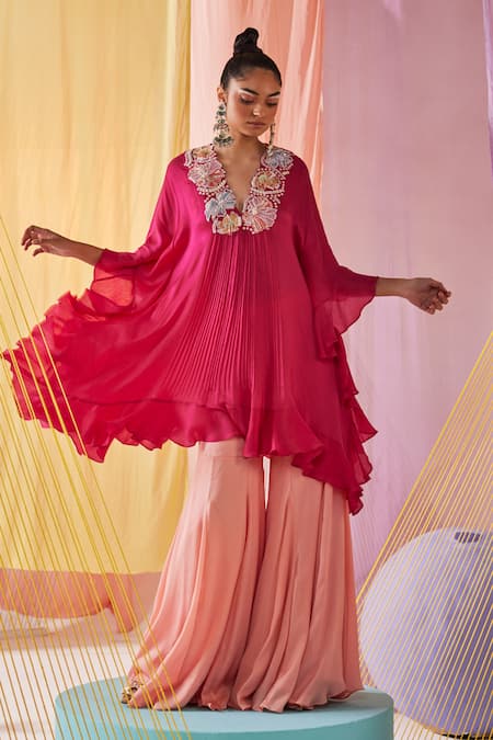 Anu Pellakuru Pink Chinnon Chiffon Embroidery Petunia Bloom Kaftan Tunic With Sharara Pant 