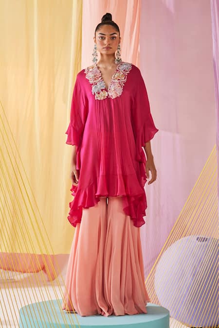 Anu Pellakuru_Pink Chiffon, Satin Embroidery Petunia Bloom Kaftan Tunic With Sharara Pant _Online_at_Aza_Fashions