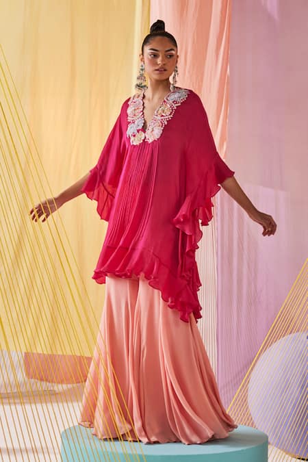 Buy_Anu Pellakuru_Pink Chiffon, Satin Embroidery Petunia Bloom Kaftan Tunic With Sharara Pant _Online_at_Aza_Fashions